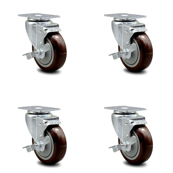 4 Inch Maroon Polyurethane Wheel Swivel Top Plate Caster Set with Brake SCC